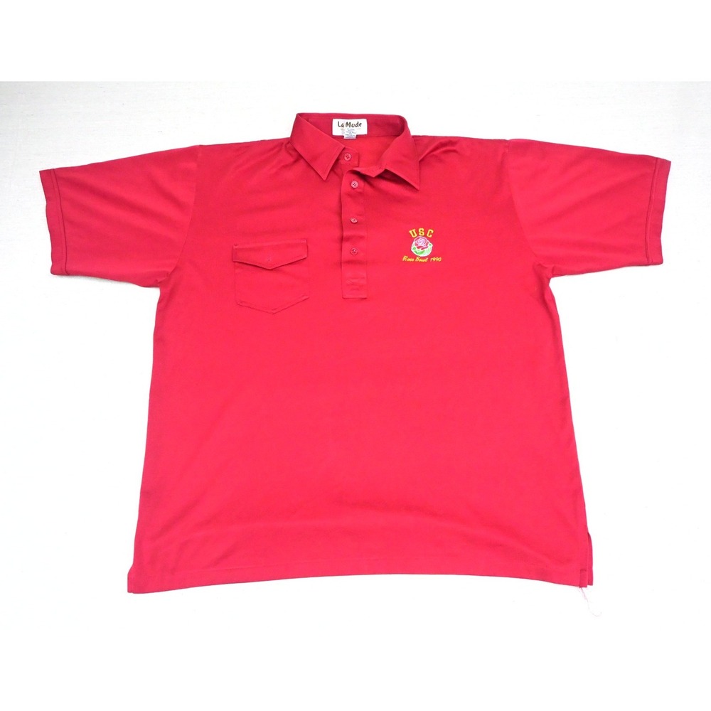 La Mode Vintage 90s Mens XL Red Polo Shirt Embroidered USC Rose Bowl 1990 Sporty
